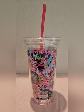 Lilly Pulitzer Navy Floral Tumbler with Pink Straw